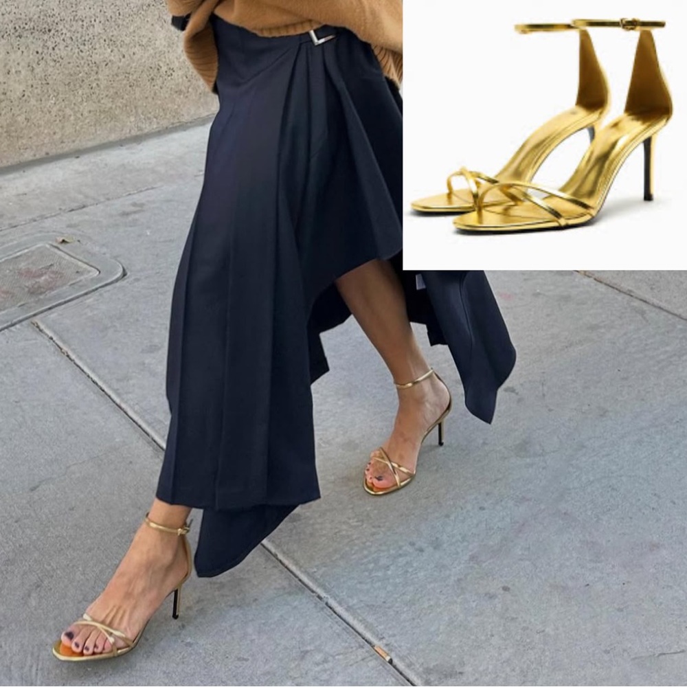 ZARA Metallic Gold Strappy Heels – Size 39 (US 8)